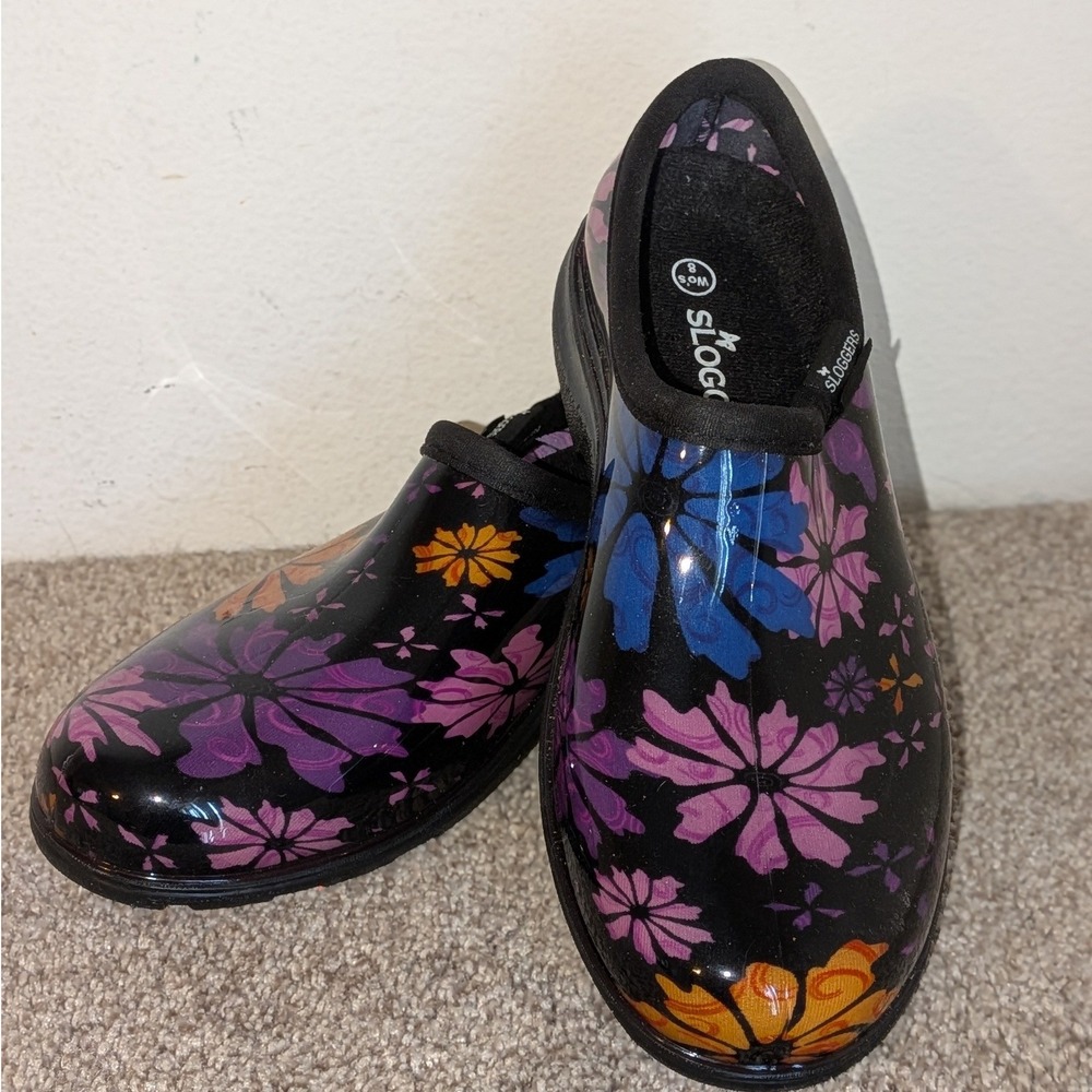 Sloggers Womens 8‎ Garden Shoes Black Floral Waterproof Rain Clogs Made USA NEW